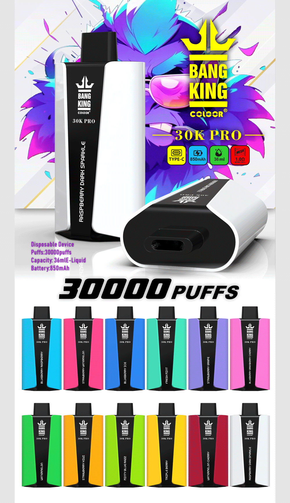 Puff Banner bang king 30K PRO Vape Puffs raspberry dark sparkle